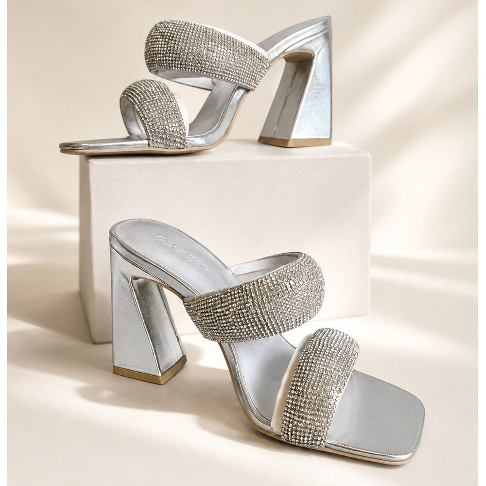 Open Edit Sasha Silver Rhinestone Cocktail Wedding Formal Sandal Heels 6.5